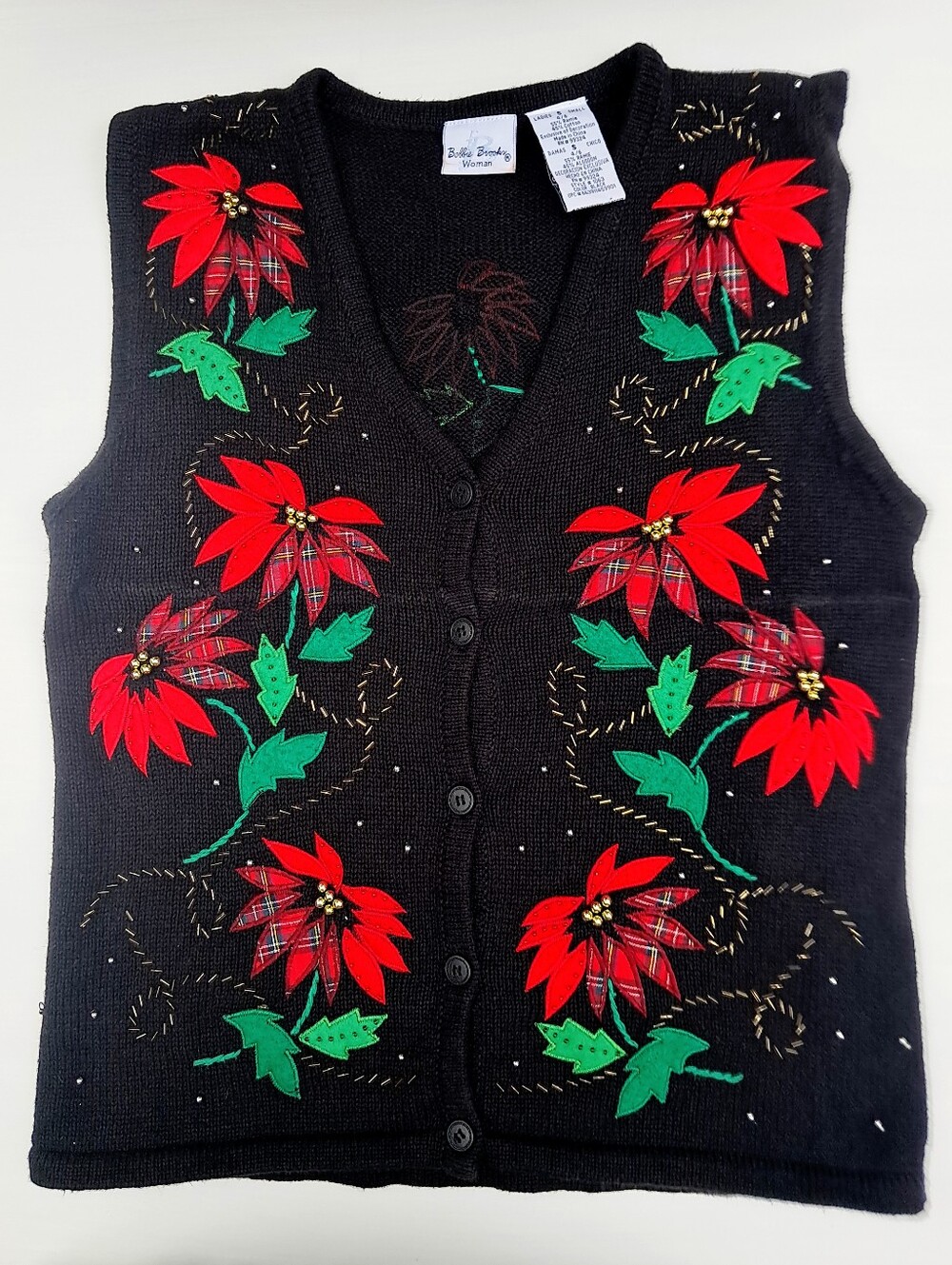 Vtg Bobbie Brooks Holiday Christmas Poinsettia Beaded Embroidered Sweater Vest S